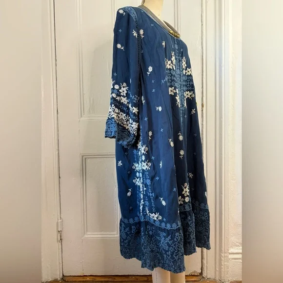 Johnny Was Abella scoop neck blue indigo Embroidered floral lace dress - Picture 5 of 11